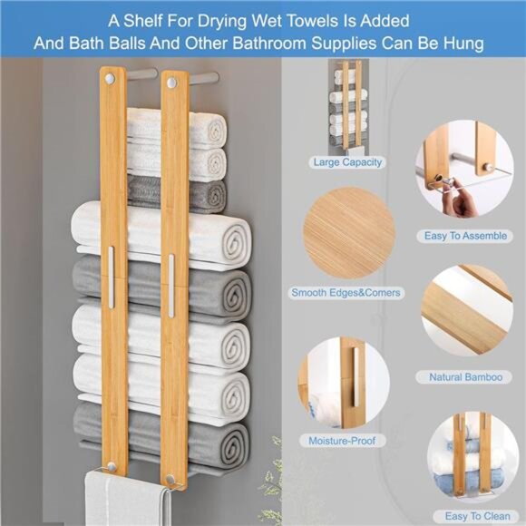 Towel Rack Bamboo 30" Wall Mounted, Rolled Towel Holder w/ Hook, 30" x 5" x 7.6" - Picture 4 of 7